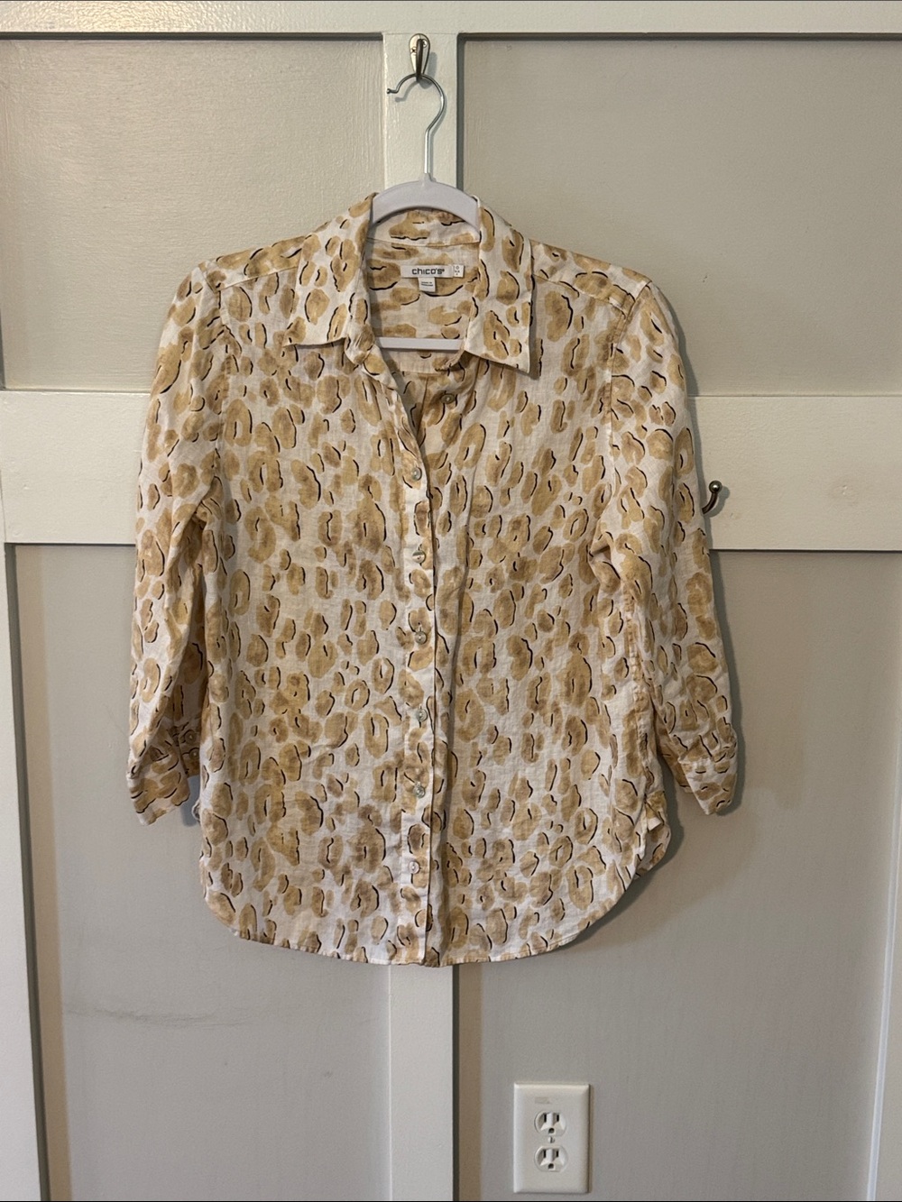 Chico's Beige and Tan Animal-Print Button-Down Shirt